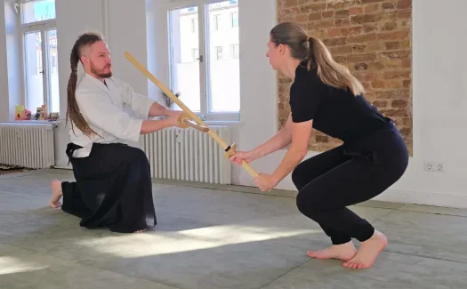 Kenjutsu Frau und Mann trainieren eine Kata